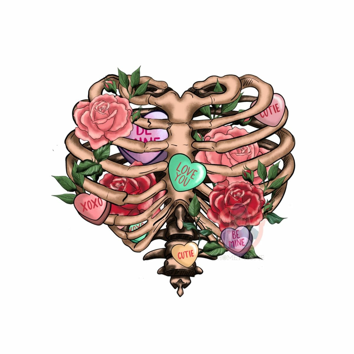 76E37584-7023-419D-8256-BF25AF3846B8 Bones Heart With Roses Print - Image 1